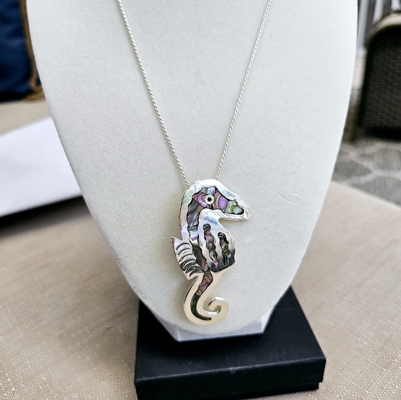 925 Alpaca Mexico Abalone Inlay Vintage Seahorse Pendant/Brooch Necklace - Picture 3 of 13